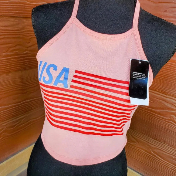 NWT Isaac Morris Women's USA Flag Graphic Halter Cropped Top Coral Pink XS - Picture 8 of 12